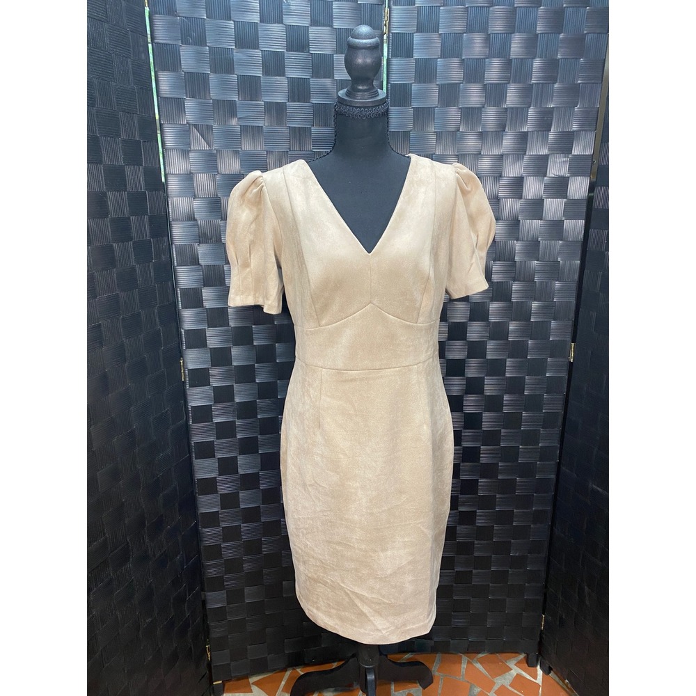 DKNY Sheath Dress Womens 10 Tan Faux Suede V-Neck Puff Sleeve Knee Length